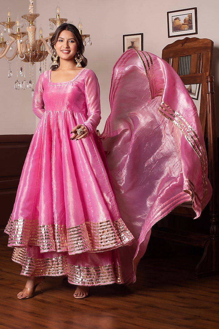 Pink Cosmos Silk Gota Patti Embroidered Party Wear Anarkali Set by Pomcha Jaipur at Pernia's Pop Up Shop