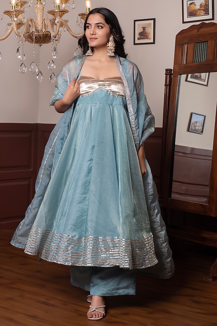 Powder Blue Cosmos Silk Gota Patti Embroidered Anarkali Set by Pomcha Jaipur at Pernia's Pop Up Shop