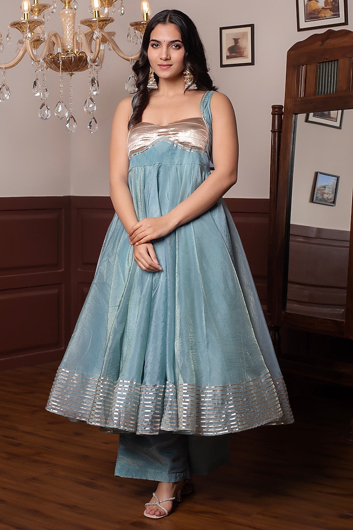 Powder Blue Cosmos Silk Gota Patti Embroidered Party Wear Anarkali Set by Pomcha Jaipur at Pernia's Pop Up Shop