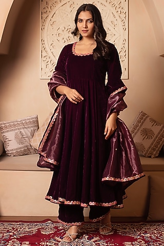 Burgundy Velvet Gota Patti Anarkali Set by Pomcha Jaipur