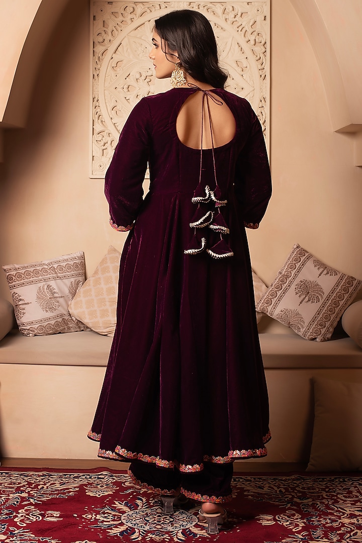Burgundy Velvet Gota Patti Party Wear Anarkali Set by Pomcha Jaipur at Pernia's Pop Up Shop