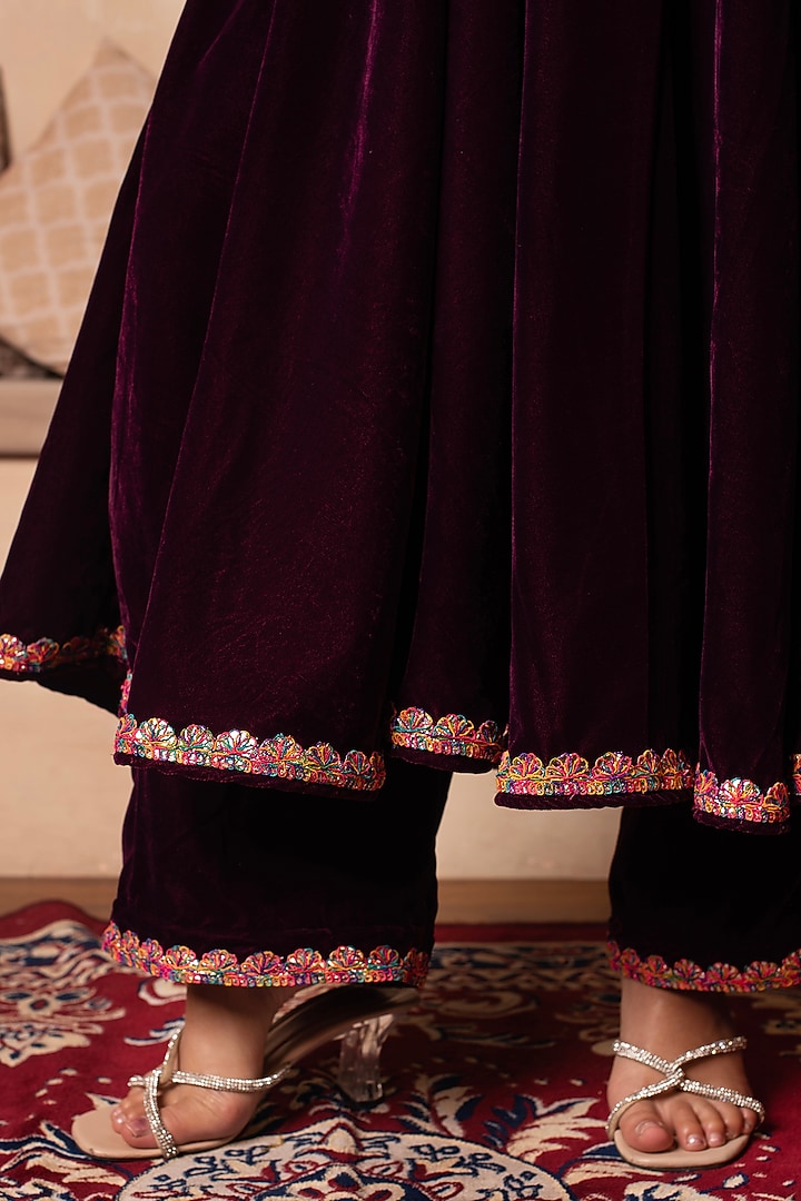 Burgundy Velvet Gota Patti Party Wear Anarkali Set by Pomcha Jaipur at Pernia's Pop Up Shop