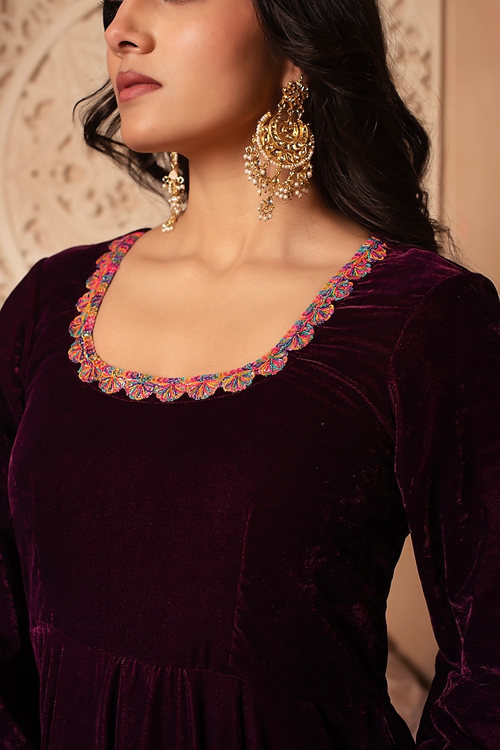 Burgundy Velvet Gota Patti Party Wear Anarkali Set by Pomcha Jaipur at Pernia's Pop Up Shop