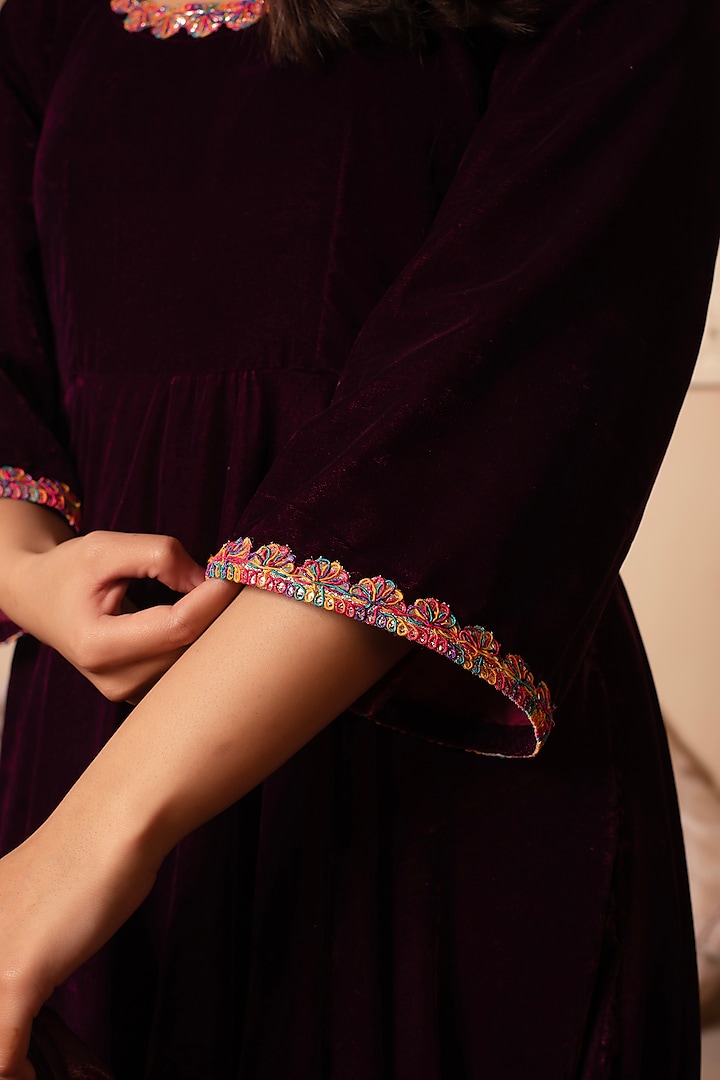 Burgundy Velvet Gota Patti Party Wear Anarkali Set by Pomcha Jaipur at Pernia's Pop Up Shop