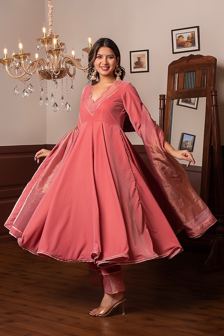 Peach Velvet Gota Lace Work Anarkali Set by Pomcha Jaipur at Pernia's Pop Up Shop