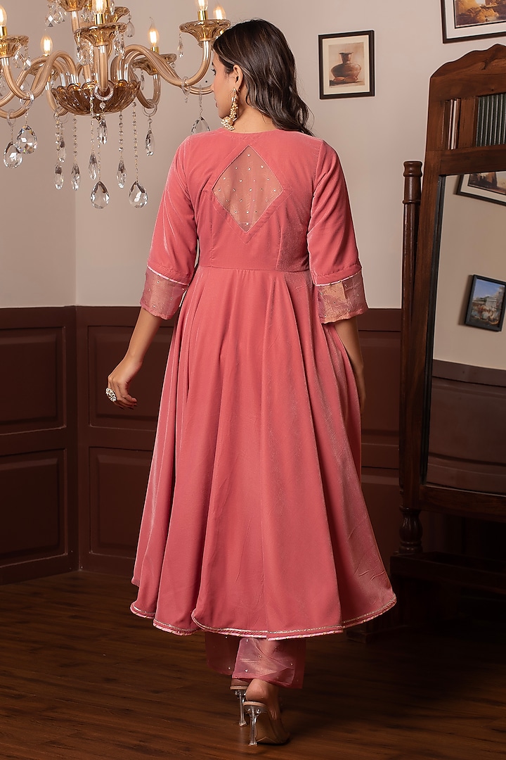 Peach Velvet Gota Lace Work Party Wear Anarkali Set by Pomcha Jaipur at Pernia's Pop Up Shop