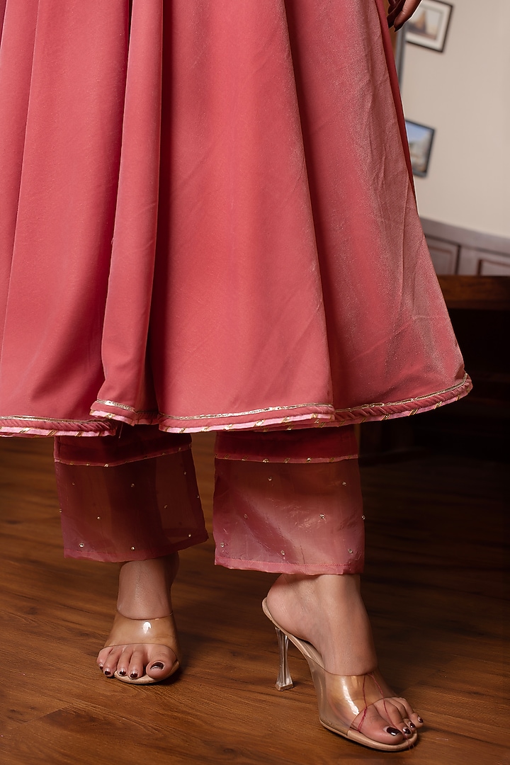 Peach Velvet Gota Lace Work Party Wear Anarkali Set by Pomcha Jaipur at Pernia's Pop Up Shop