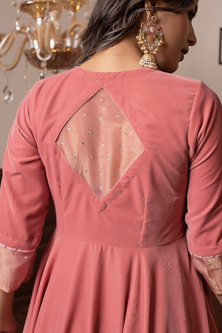 Peach Velvet Gota Lace Work Party Wear Anarkali Set by Pomcha Jaipur at Pernia's Pop Up Shop