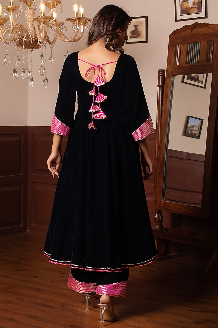 Royal Blue Velvet Gota Patti Work Party Wear Anarkali Set by Pomcha Jaipur at Pernia's Pop Up Shop