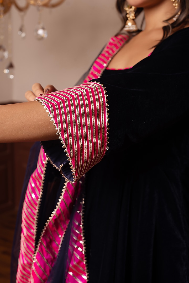 Royal Blue Velvet Gota Patti Work Party Wear Anarkali Set by Pomcha Jaipur at Pernia's Pop Up Shop