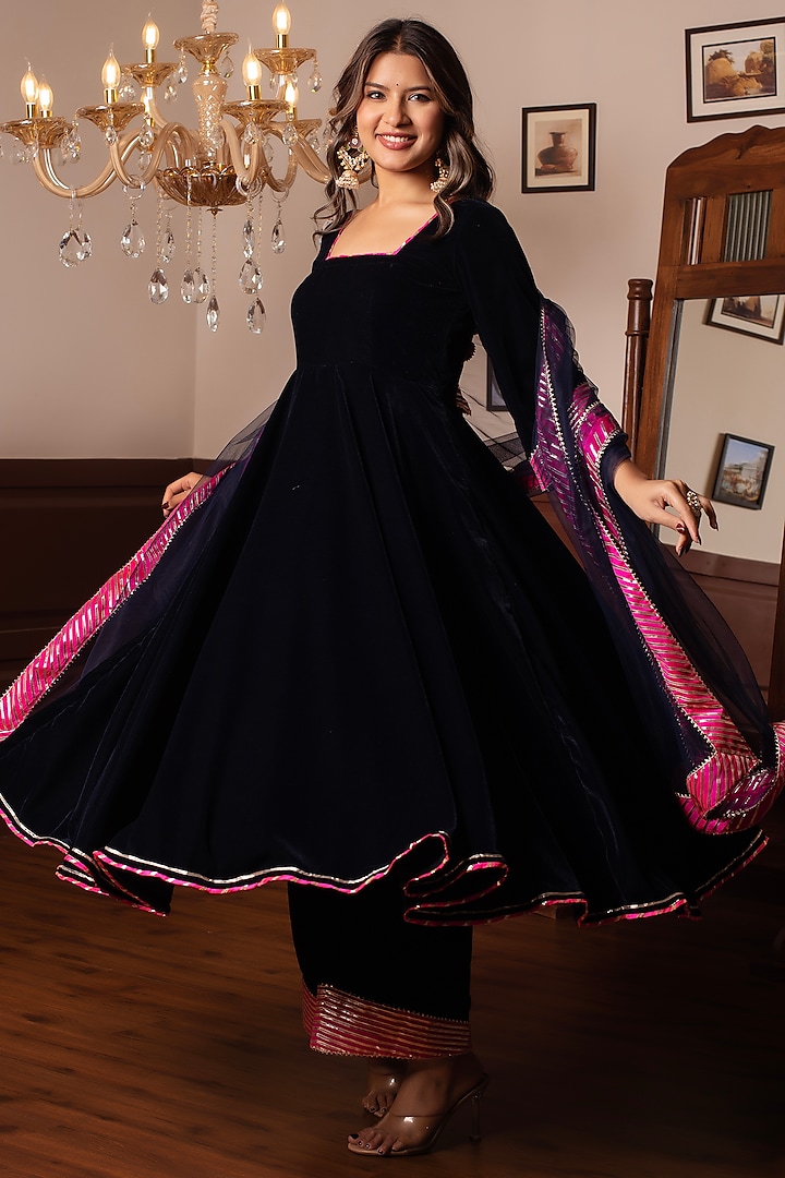 Royal Blue Velvet Gota Patti Work Party Wear Anarkali Set by Pomcha Jaipur at Pernia's Pop Up Shop