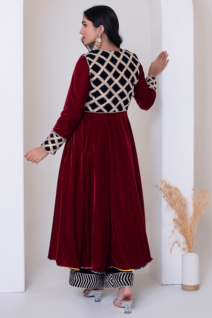 Maroon Velvet Gota Patti Work Party Wear Anarkali Set by Pomcha Jaipur at Pernia's Pop Up Shop