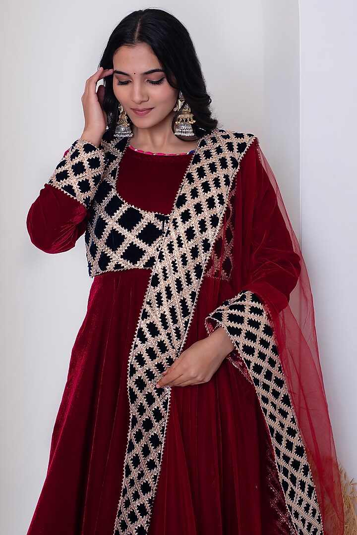 Maroon Velvet Gota Patti Work Party Wear Anarkali Set by Pomcha Jaipur at Pernia's Pop Up Shop