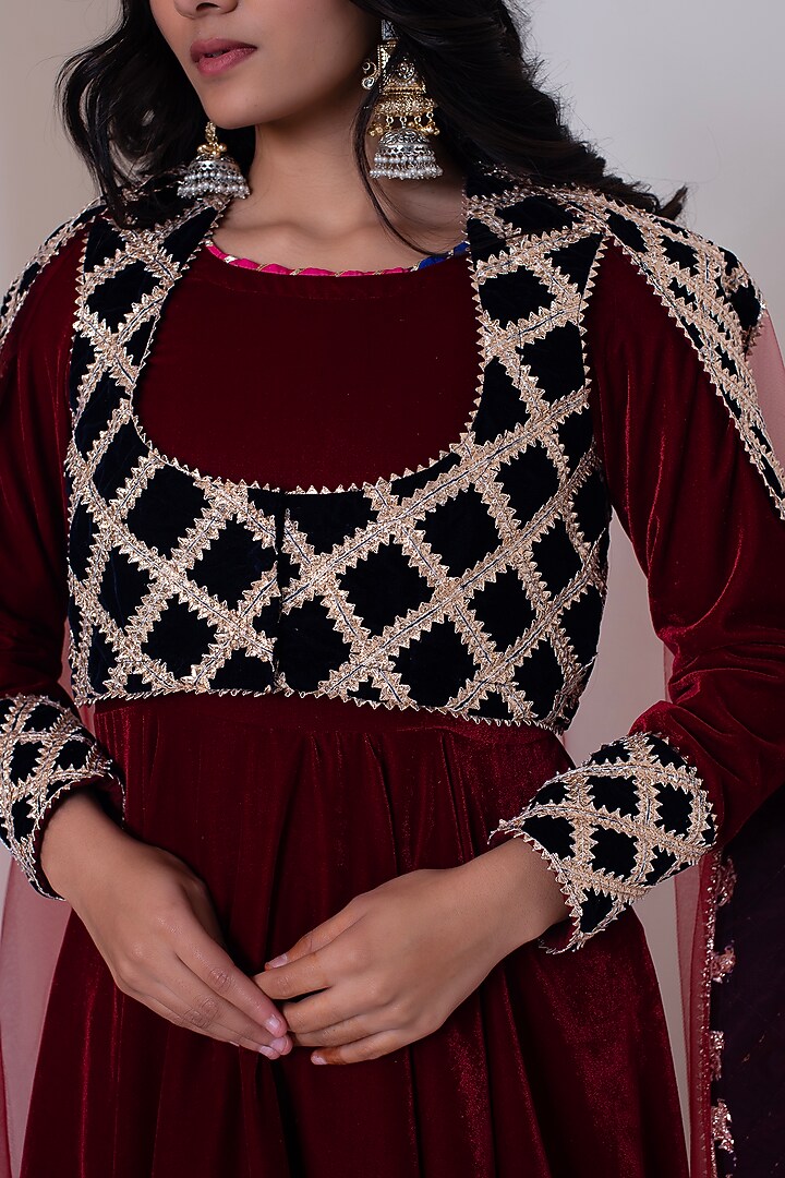 Maroon Velvet Gota Patti Work Party Wear Anarkali Set by Pomcha Jaipur at Pernia's Pop Up Shop