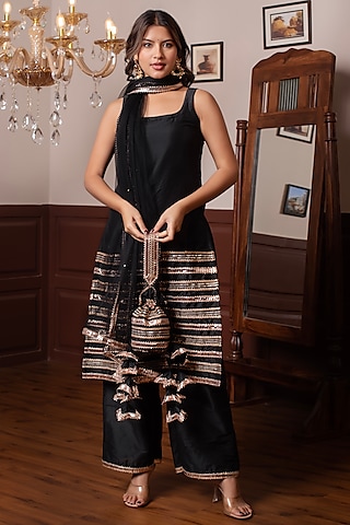Black Cotton Silk Gota Patti Work Kurta Set by Pomcha Jaipur
