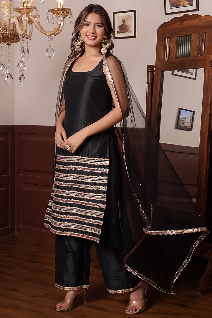 Black Cotton Silk Gota Patti Work Kurta Set by Pomcha Jaipur at Pernia's Pop Up Shop