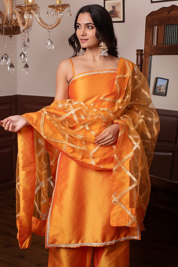 Orange Taffeta Silk Gota Patti Work Kurta Set by Pomcha Jaipur at Pernia's Pop Up Shop