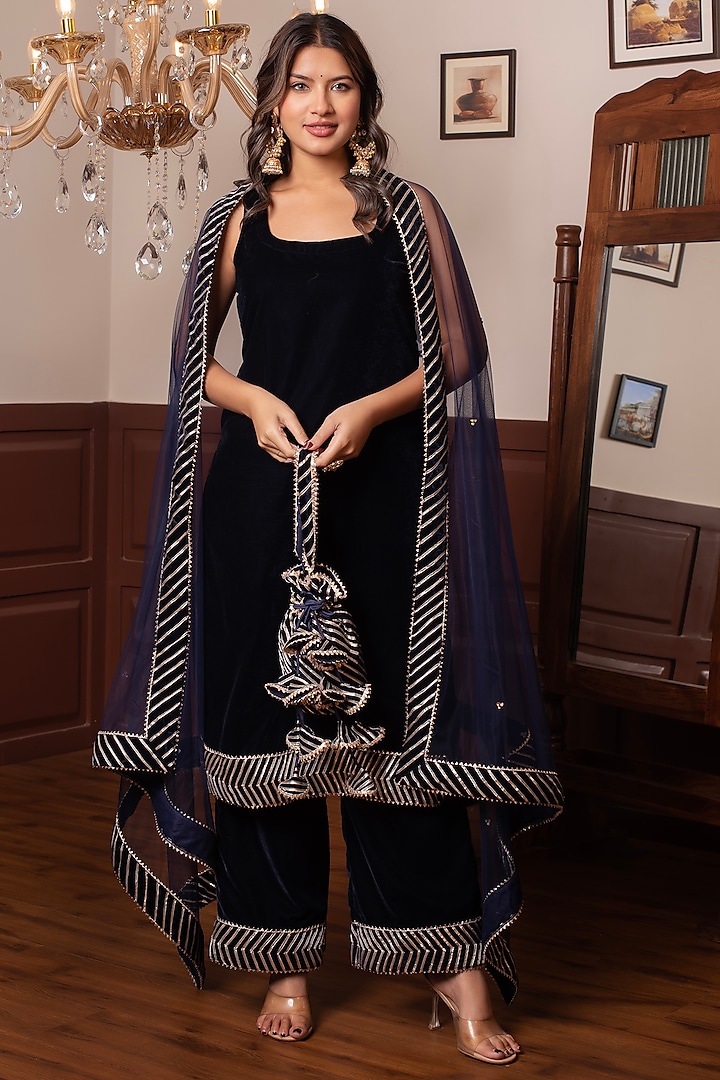 Blue Velvet Gota Patti Work Kurta Set by Pomcha Jaipur at Pernia's Pop Up Shop