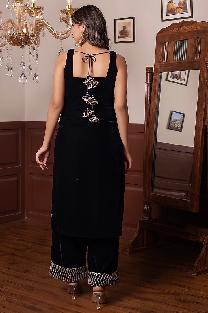 Blue Velvet Gota Patti Work Kurta Set by Pomcha Jaipur at Pernia's Pop Up Shop