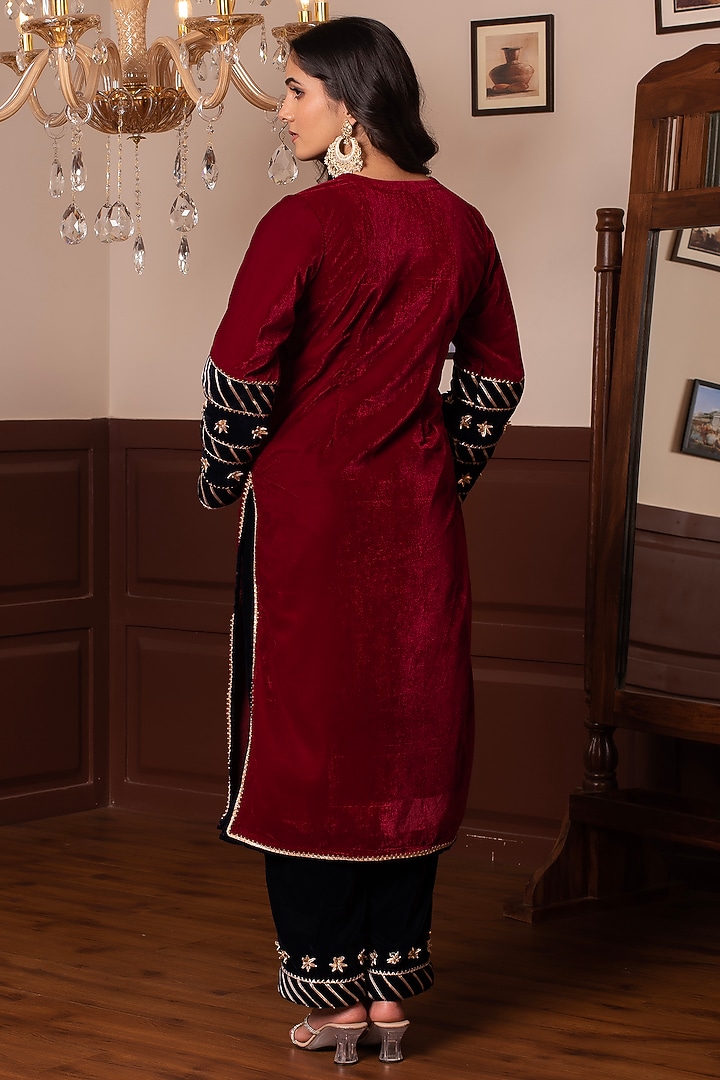 Maroon Velvet Gota Patti Work Kurta Set by Pomcha Jaipur at Pernia's Pop Up Shop