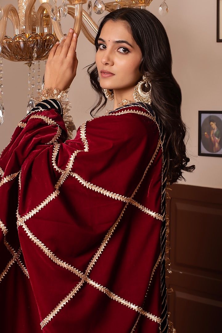 Maroon Velvet Gota Patti Work Kurta Set by Pomcha Jaipur at Pernia's Pop Up Shop