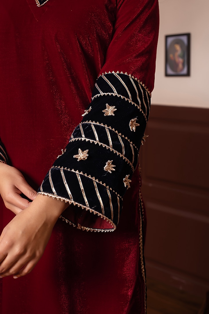 Maroon Velvet Gota Patti Work Kurta Set by Pomcha Jaipur at Pernia's Pop Up Shop