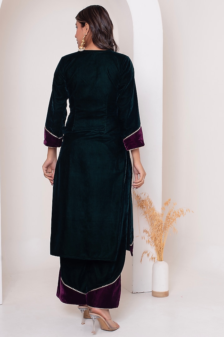 Bottle Green Velvet Gota Patti Work Kurta Set by Pomcha Jaipur at Pernia's Pop Up Shop
