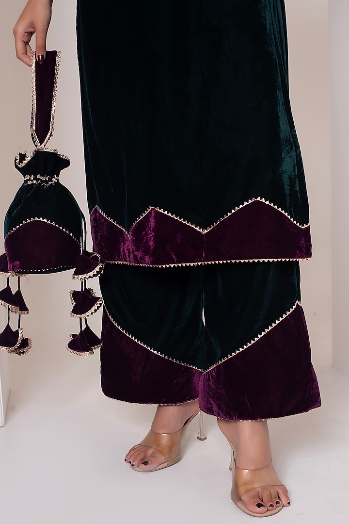 Bottle Green Velvet Gota Patti Work Kurta Set by Pomcha Jaipur at Pernia's Pop Up Shop