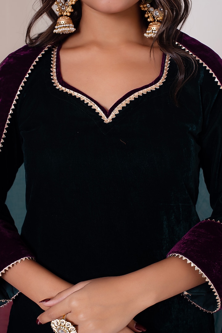 Bottle Green Velvet Gota Patti Work Kurta Set by Pomcha Jaipur at Pernia's Pop Up Shop