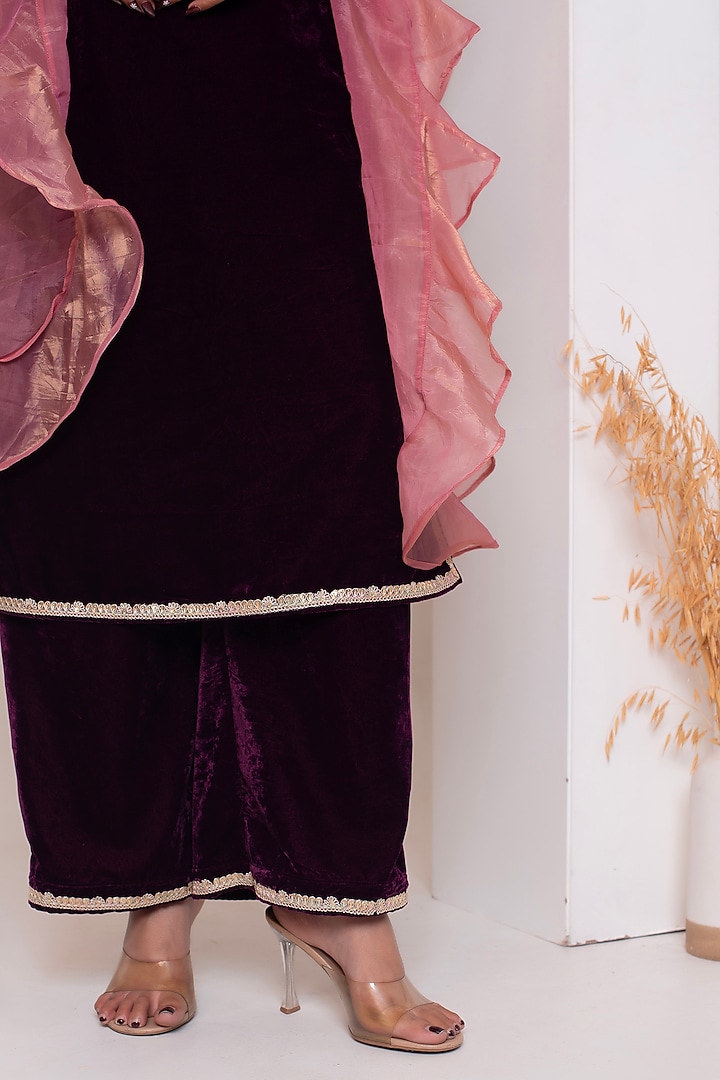Burgundy Velvet Gota Patti Work Kurta Set by Pomcha Jaipur at Pernia's Pop Up Shop