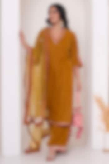 Mustard Velvet Gota Patti Work Kurta Set by Pomcha Jaipur at Pernia's Pop Up Shop