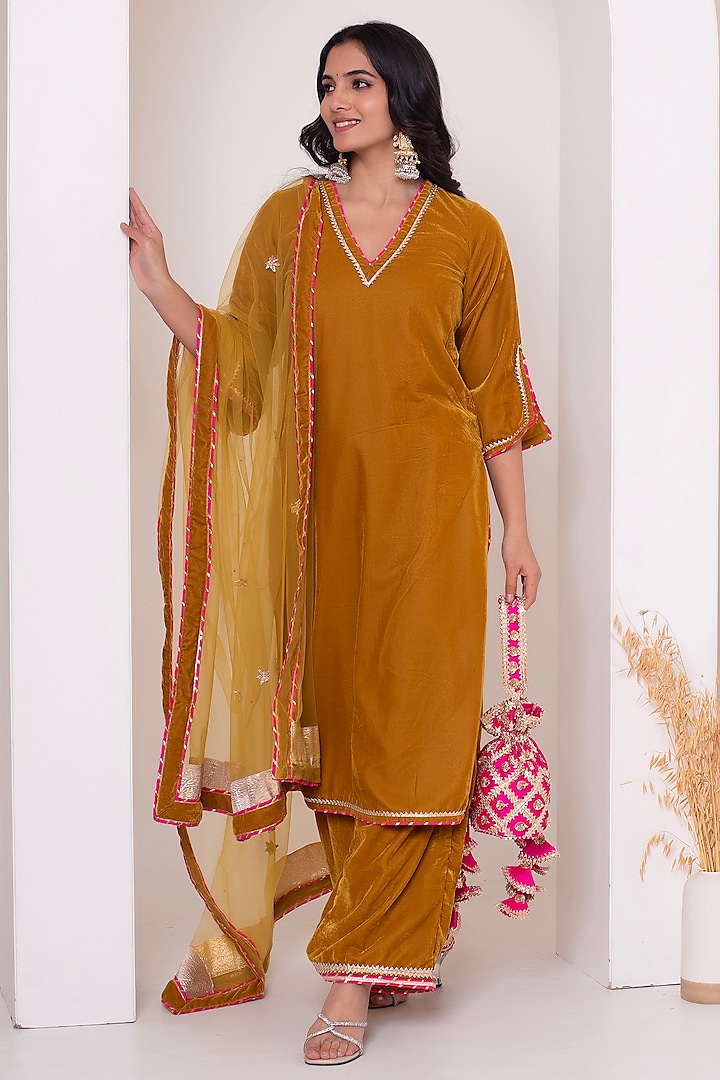 Mustard Velvet Gota Patti Work Kurta Set by Pomcha Jaipur at Pernia's Pop Up Shop