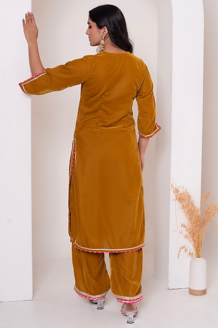 Mustard Velvet Gota Patti Work Kurta Set by Pomcha Jaipur at Pernia's Pop Up Shop