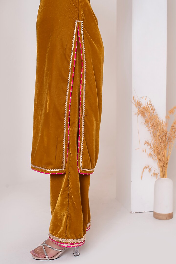 Mustard Velvet Gota Patti Work Kurta Set by Pomcha Jaipur at Pernia's Pop Up Shop