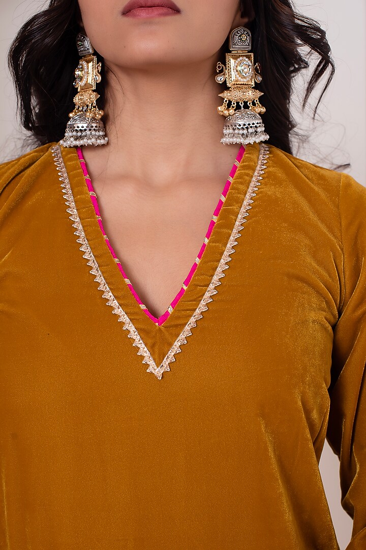 Mustard Velvet Gota Patti Work Kurta Set by Pomcha Jaipur at Pernia's Pop Up Shop