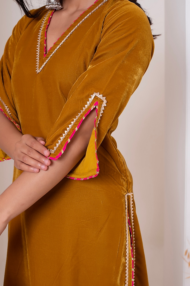 Mustard Velvet Gota Patti Work Kurta Set by Pomcha Jaipur at Pernia's Pop Up Shop