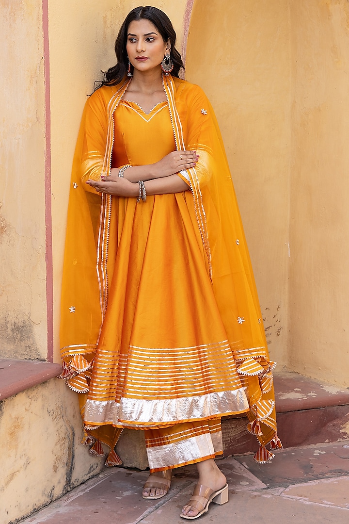 Orange Cotton Embroidered Anarkali Set by Pomcha Jaipur at Pernia's Pop Up Shop