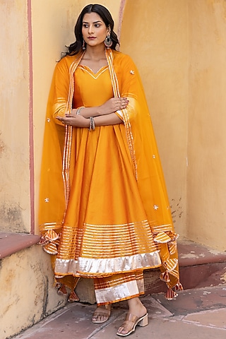 Orange Cotton Embroidered Anarkali Set by Pomcha Jaipur