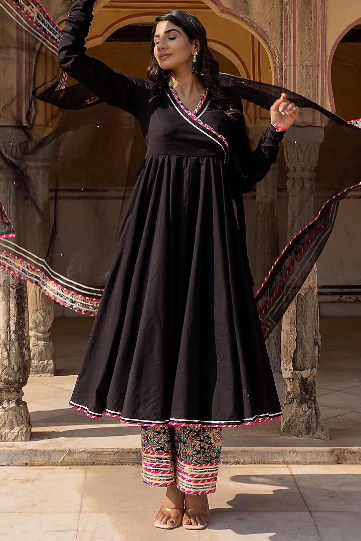Black Cotton Gota Patti Work Anarkali Set by Pomcha Jaipur