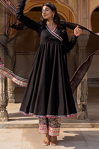 Black Cotton Gota Patti Work Anarkali Set by Pomcha Jaipur