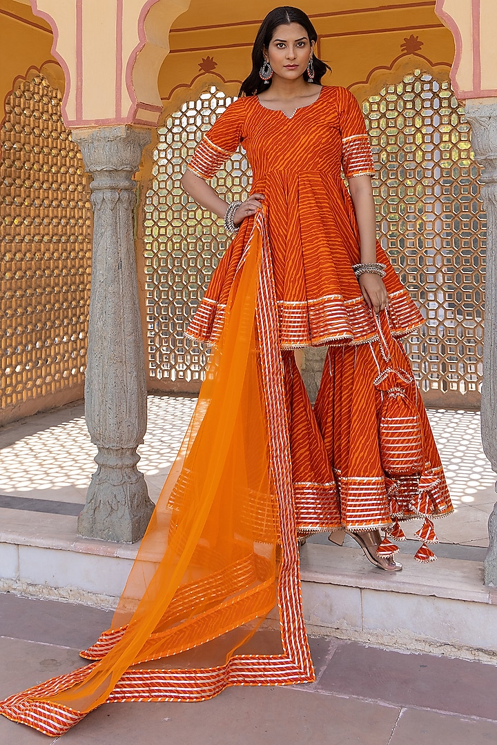 Orange Cotton Printed & Gota Patti Work Sharara Set by Pomcha Jaipur