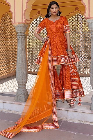 Orange Cotton Printed & Gota Patti Work Sharara Set by Pomcha Jaipur