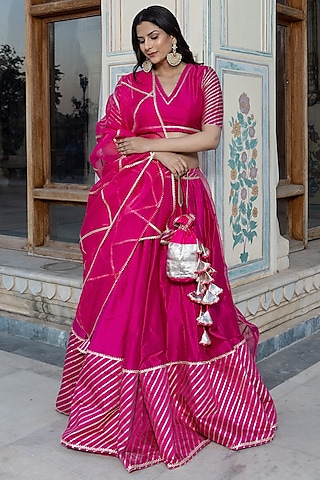 Rani Pink Cotton Silk Gota Patti Work Lehenga Set by Pomcha Jaipur