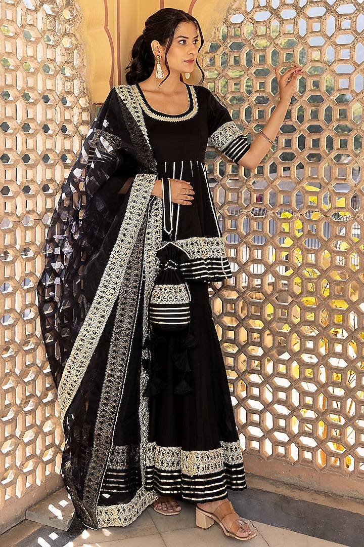 Black Cotton Gota Patti Work Sharara Set by Pomcha Jaipur at Pernia's Pop Up Shop