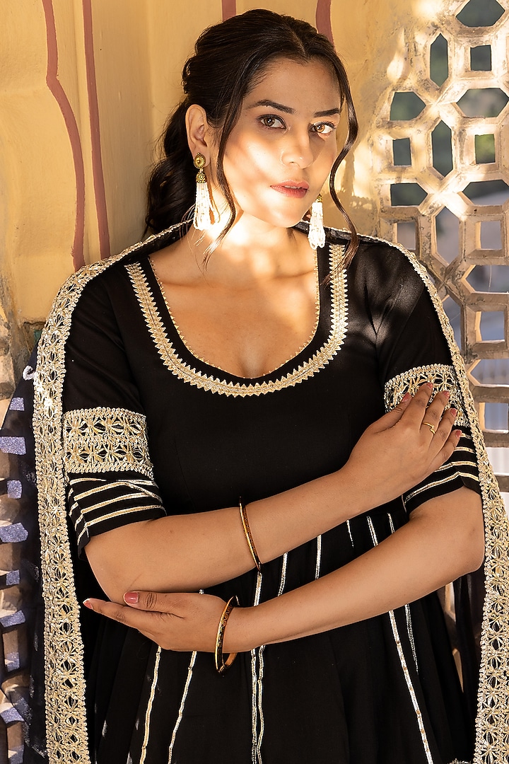 Black Cotton Gota Patti Work Party Wear Sharara Set by Pomcha Jaipur at Pernia's Pop Up Shop