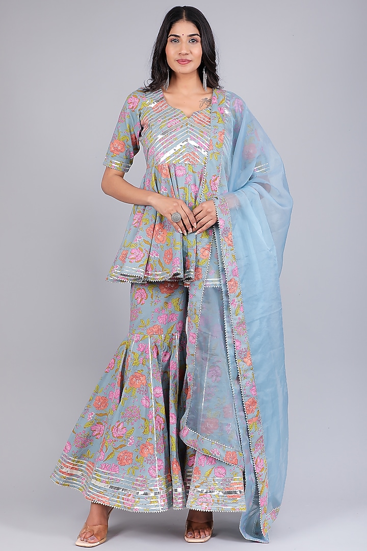 Powder Blue Cotton Printed & Gota Patti Work Sharara Set by Pomcha Jaipur at Pernia's Pop Up Shop
