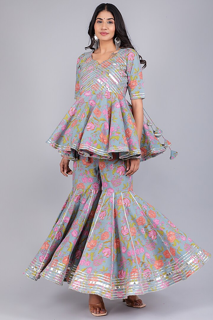 Powder Blue Cotton Printed & Gota Patti Work Sharara Set by Pomcha Jaipur at Pernia's Pop Up Shop