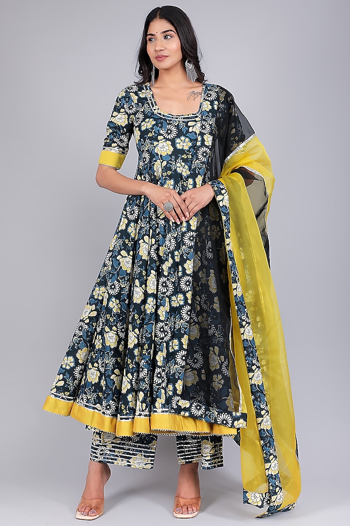 Black & Yellow Cotton Printed & Gota Patti Work Anarkali Set by Pomcha Jaipur