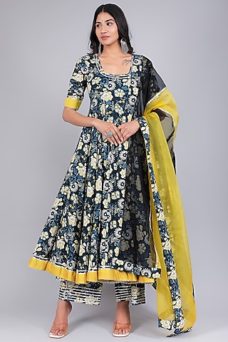 Black & Yellow Cotton Printed & Gota Patti Work Anarkali Set by Pomcha Jaipur