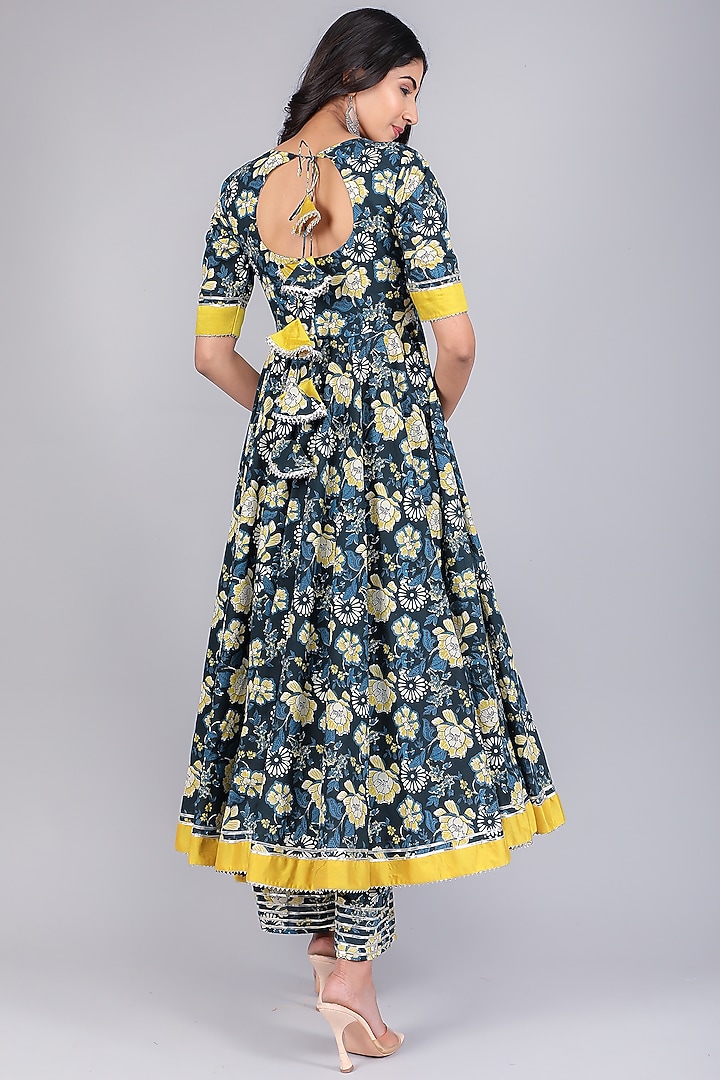 Black & Yellow Cotton Printed & Gota Patti Work Anarkali Set by Pomcha Jaipur at Pernia's Pop Up Shop